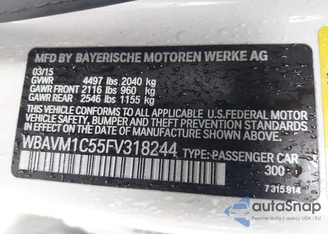 2015 BMW X1 Sdrive28I from USA, damaged, VIN WBAVM1C55FV318244